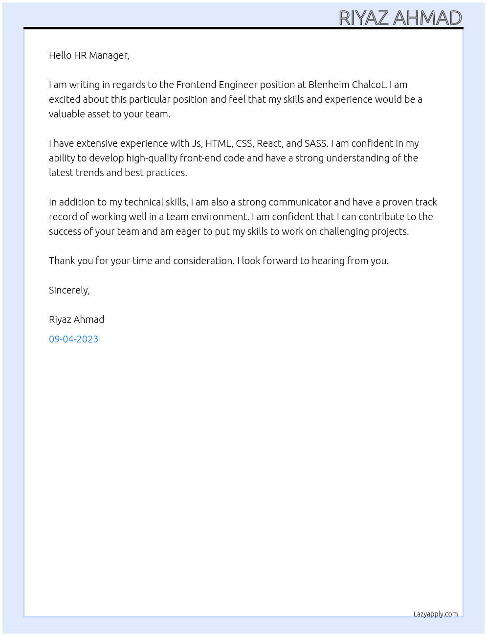 Frontend Engineer At Blenheim Chalcot  Cover Letter