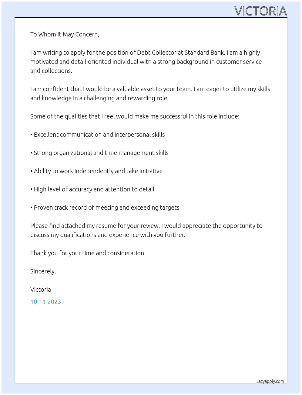 Debt collector At Standard bank Cover Letter