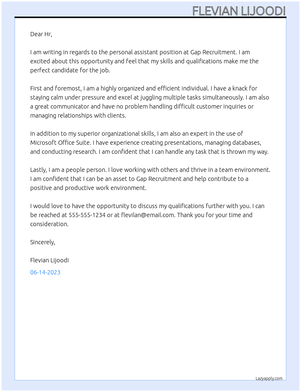 personal assistant  At Gap Recruitment  Cover Letter