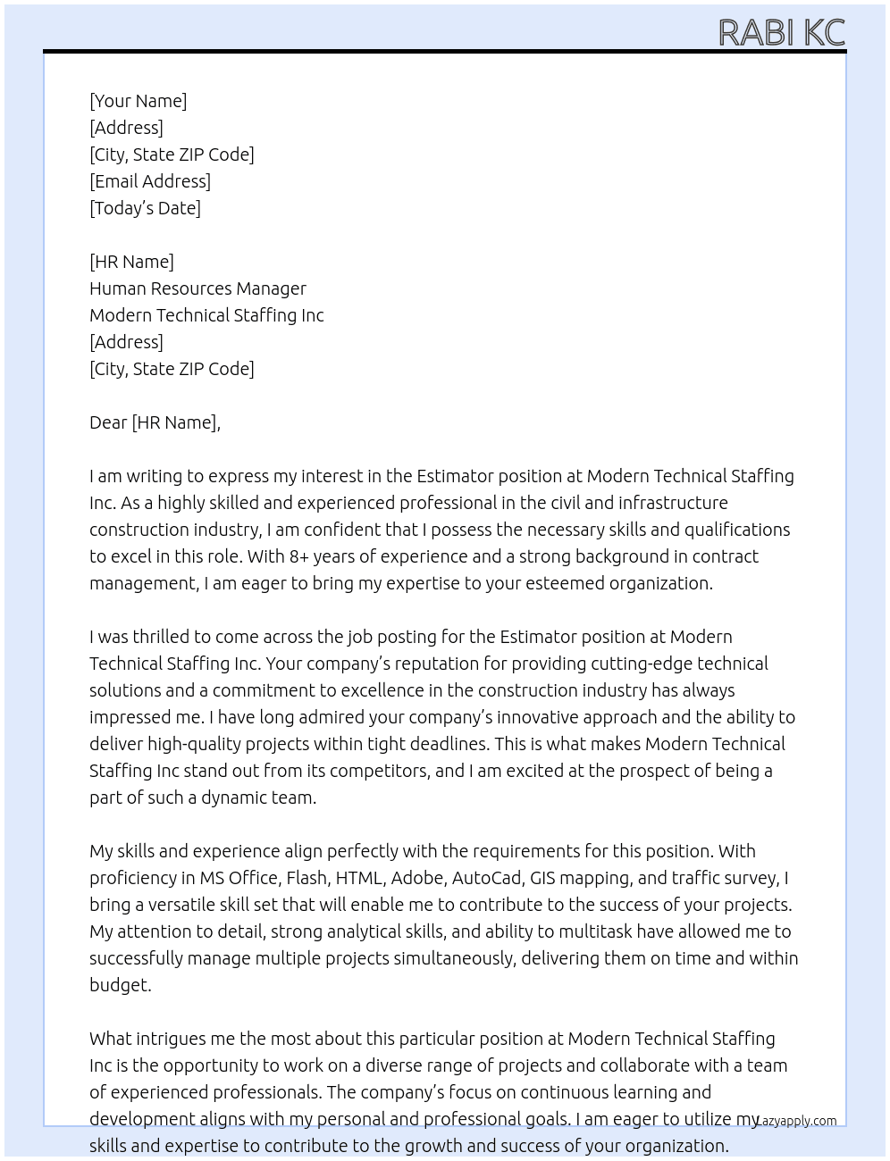 Estimator At Modern Technical Staffing Inc Cover Letter