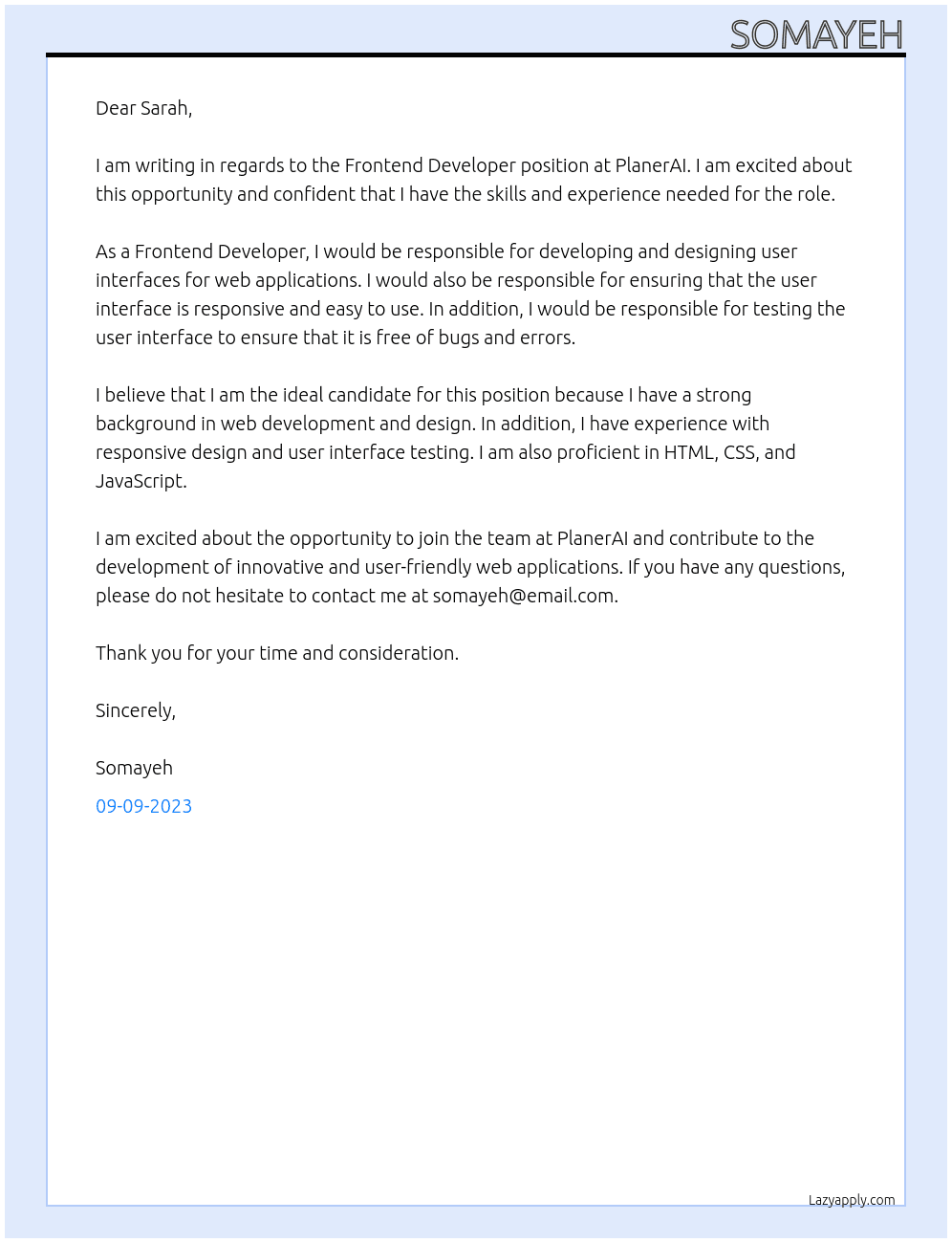 Frontend Developer At PlanerAI Cover Letter
