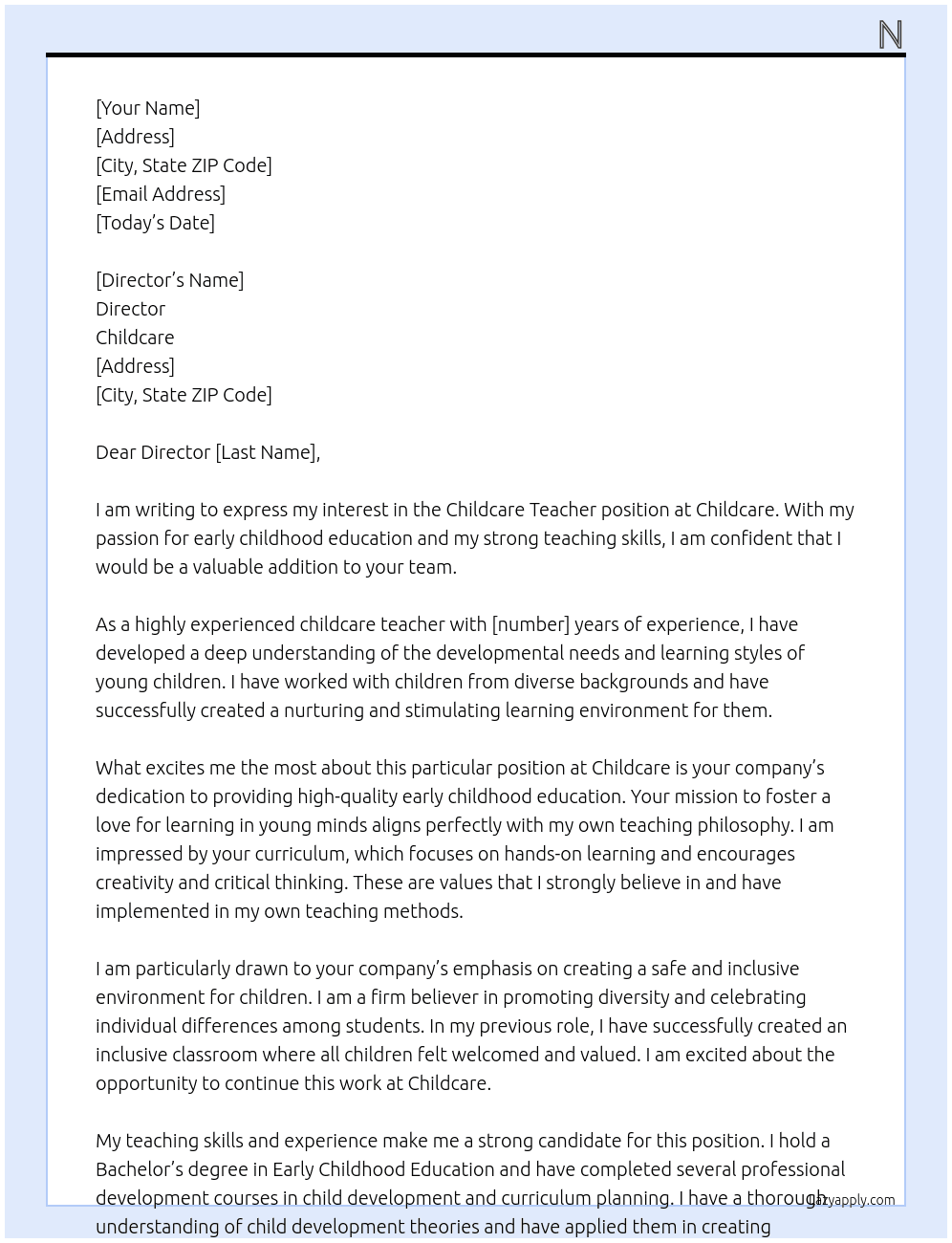 Childcare teacher  At Childcare Cover Letter