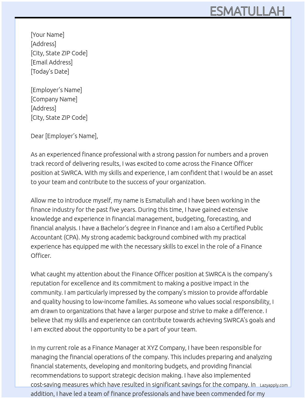 Finance Officer At SWRCA Cover Letter