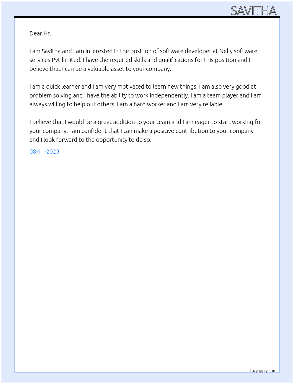 Software developer  At Nelly software services Pvt limited  Cover Letter