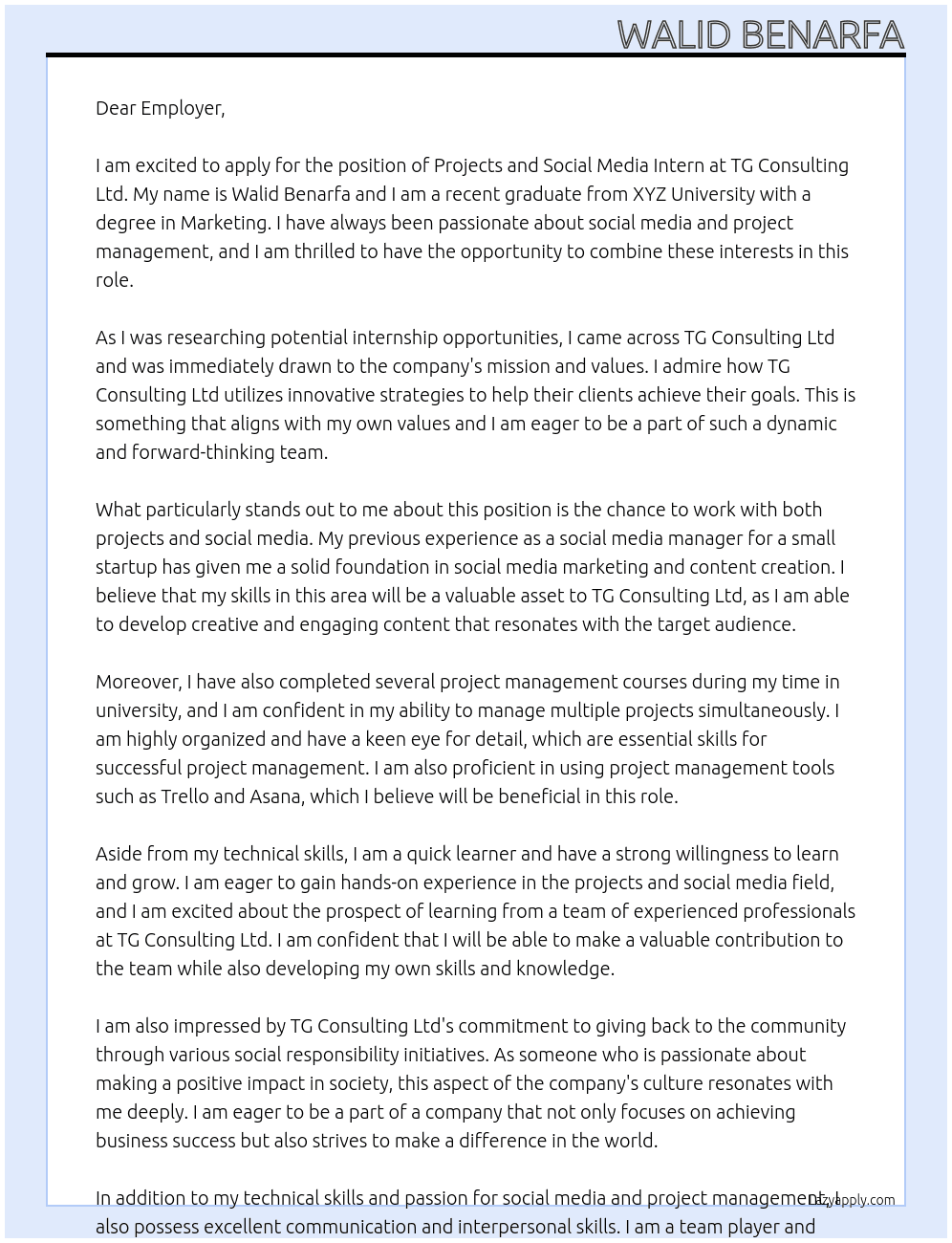 Projects and Social Media Intern At TG Consulting Ltd Cover Letter