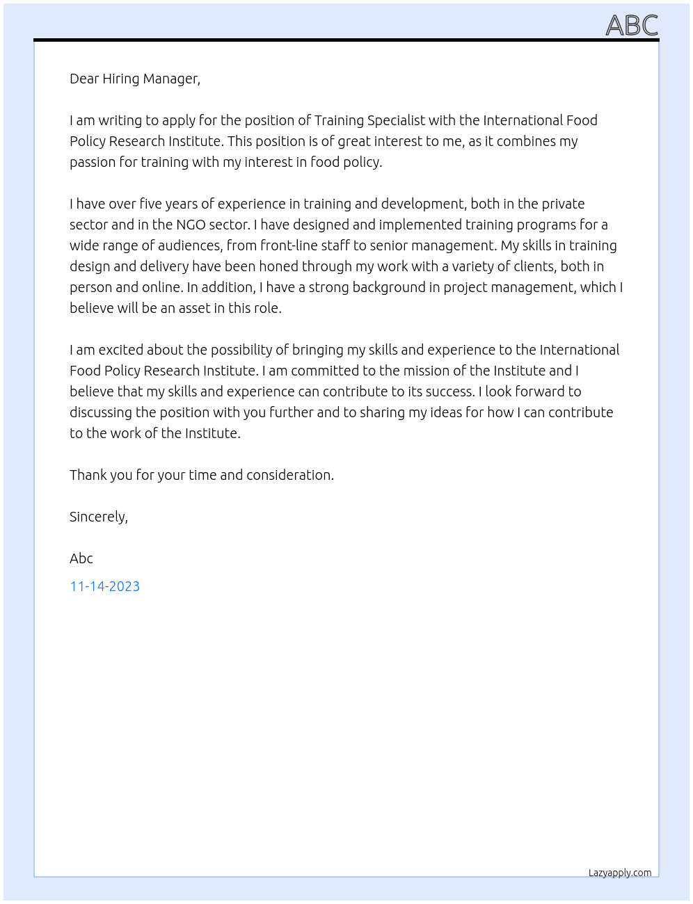 Training Specialist  At International Food Policy Research Institute Cover Letter