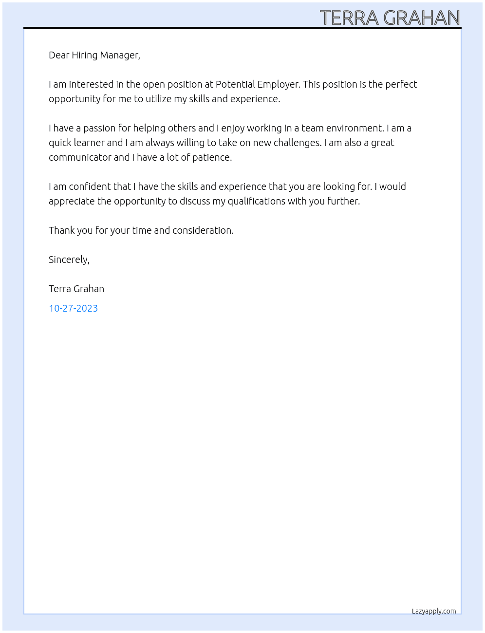 open position At Potential Employer Cover Letter