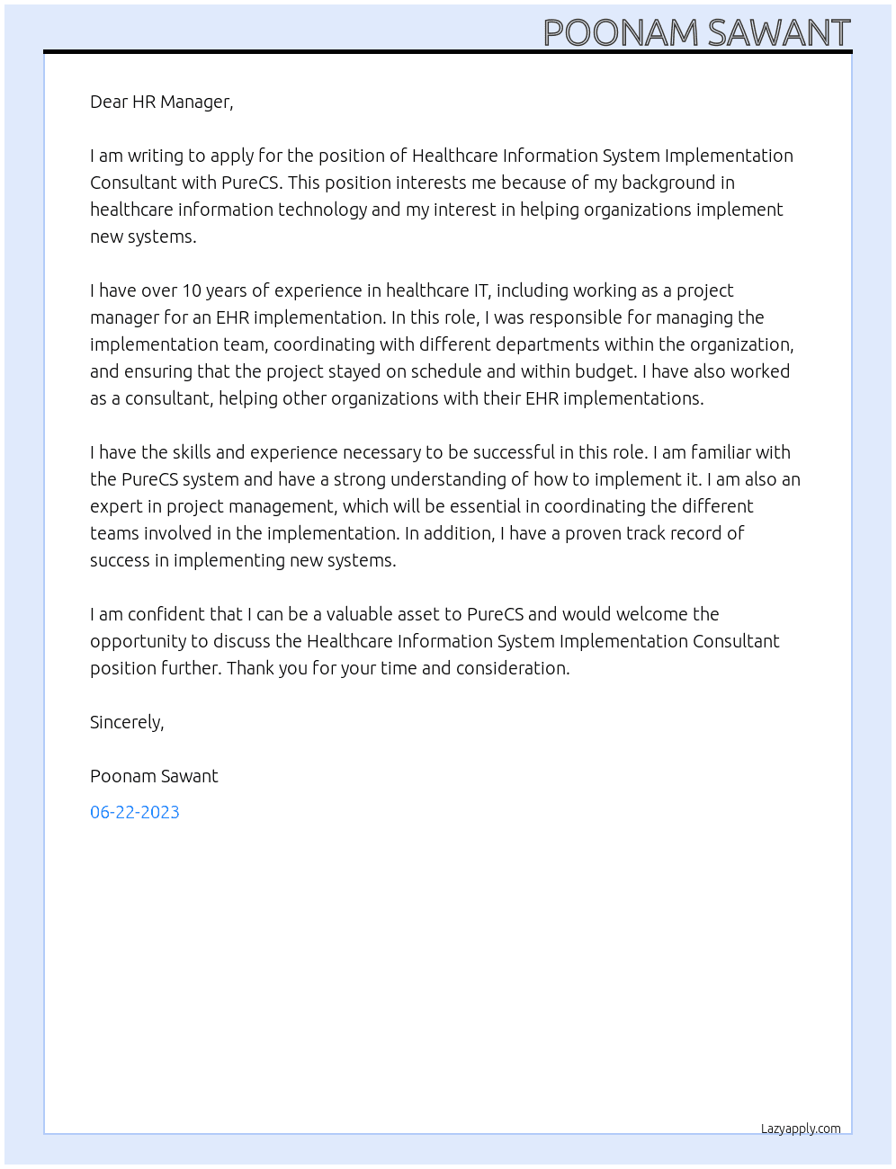 Healthcare Information System Implementation Consultant At PureCS Cover Letter