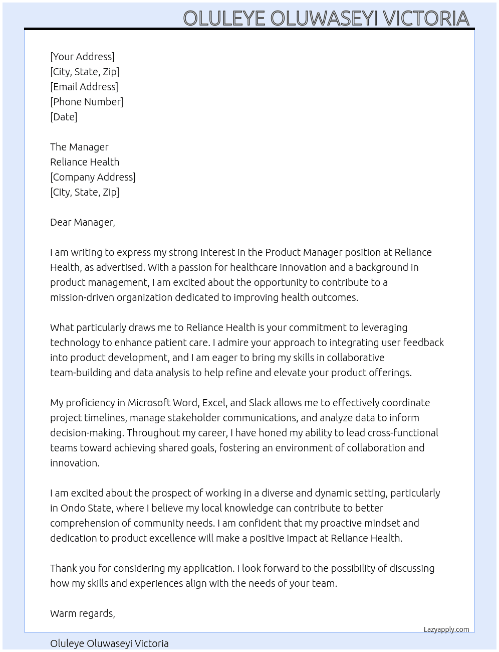 Product manager  At Reliance health Cover Letter