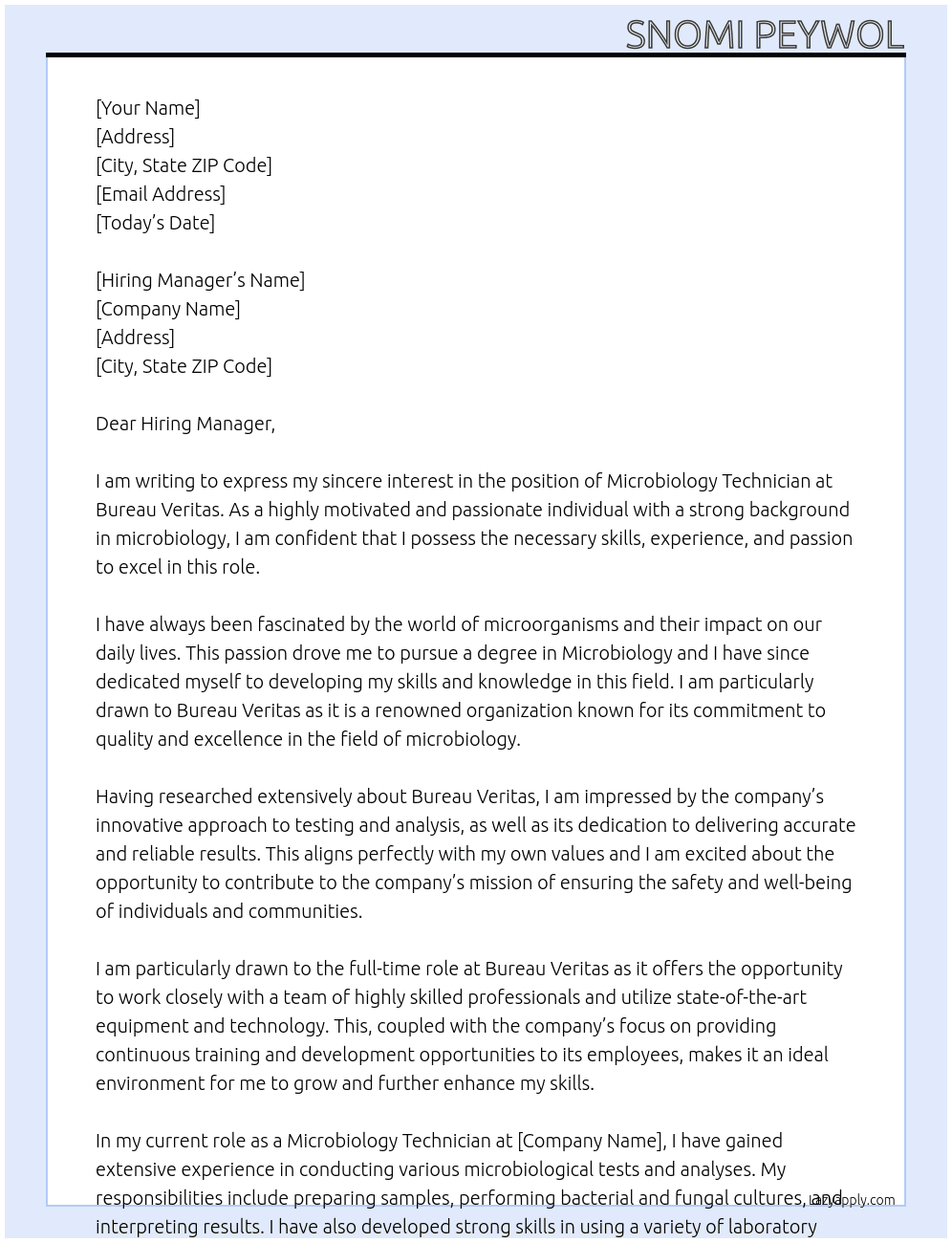 microbiology technician At Bureau Veritas Cover Letter