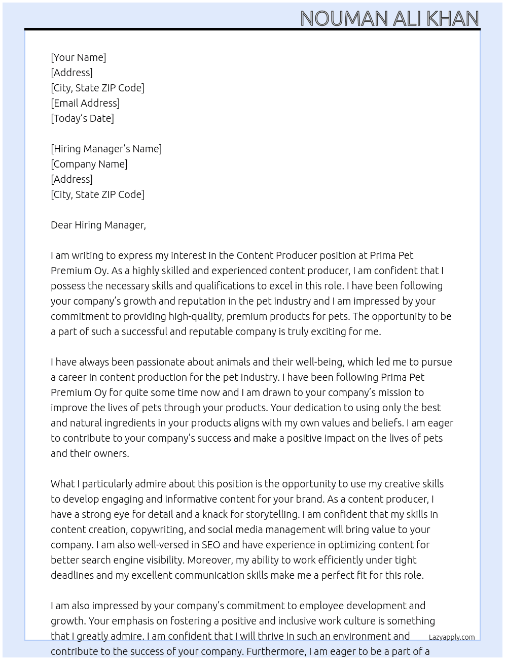 Content Producer At  Prima Pet Premium Oy Cover Letter