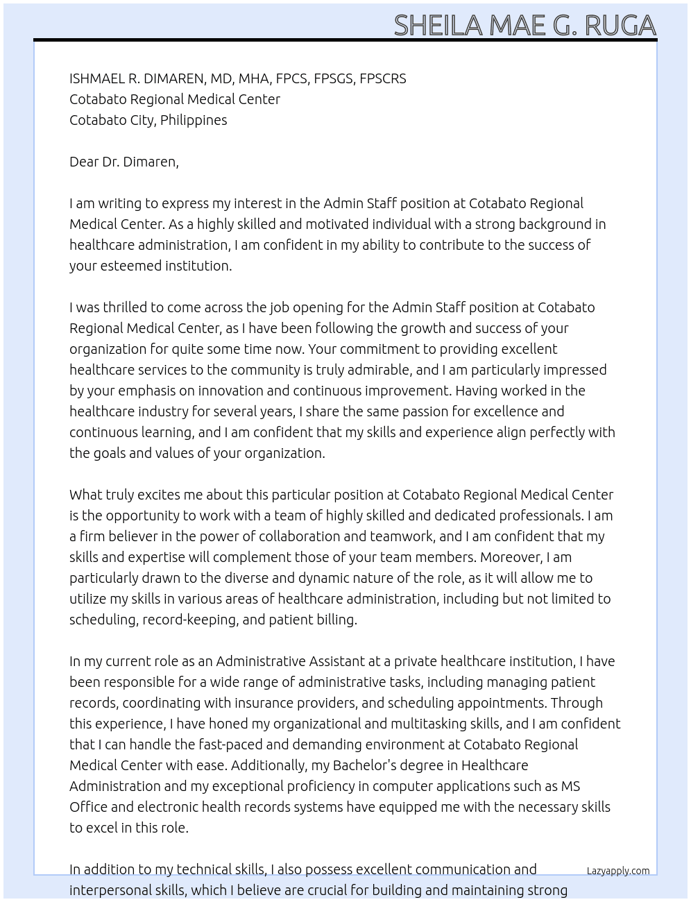 admin staff At Cotabato Regional Medical Center Cover Letter