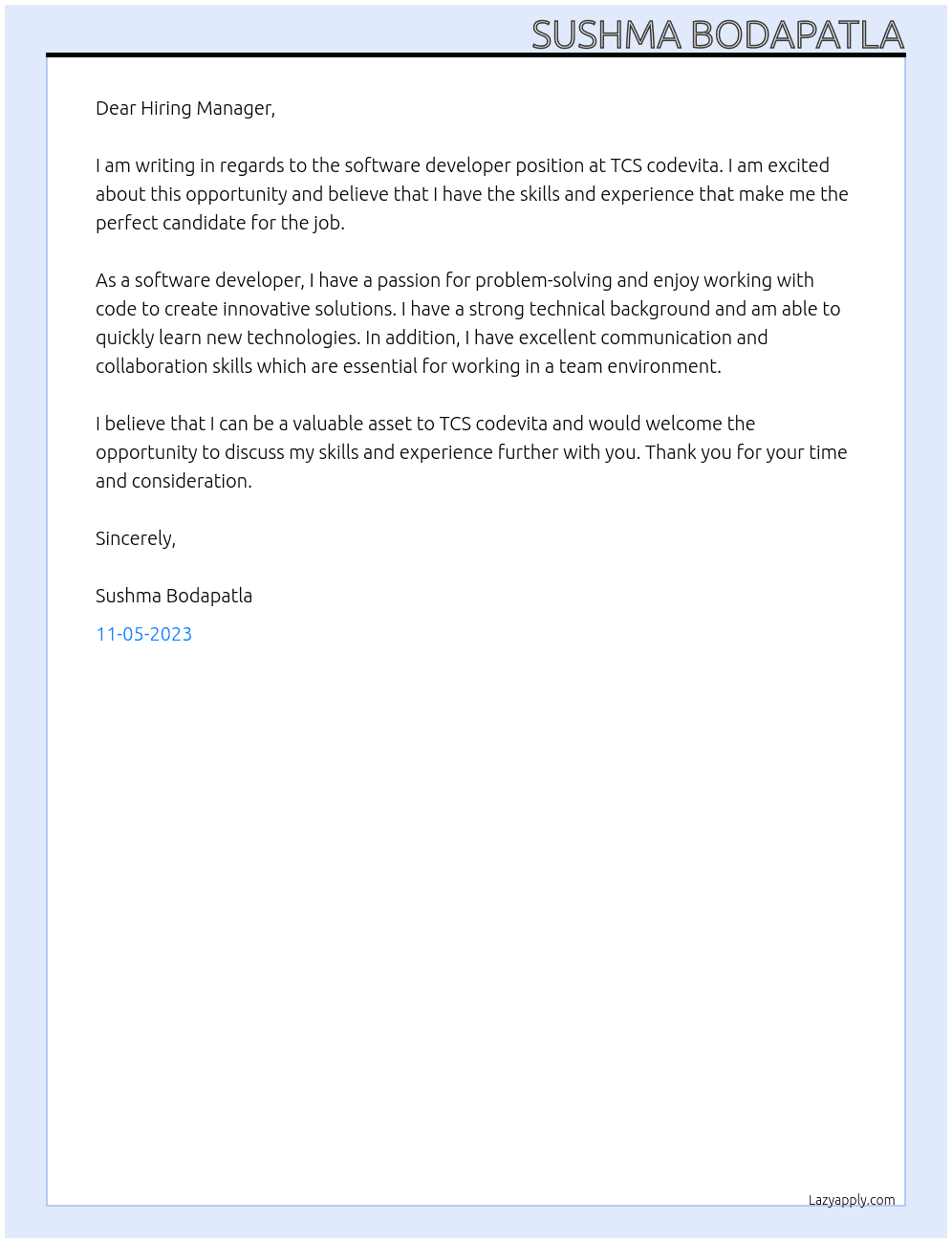 Software developer  At TCS codevita  Cover Letter