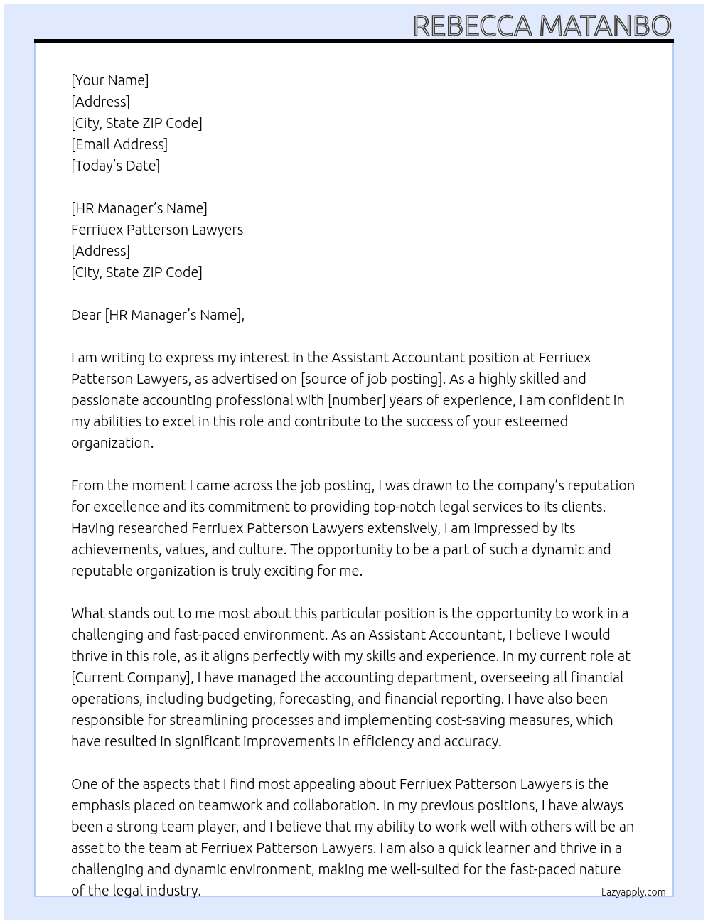 Assistant Accountant At Ferriuex Patterson Lawyers Cover Letter