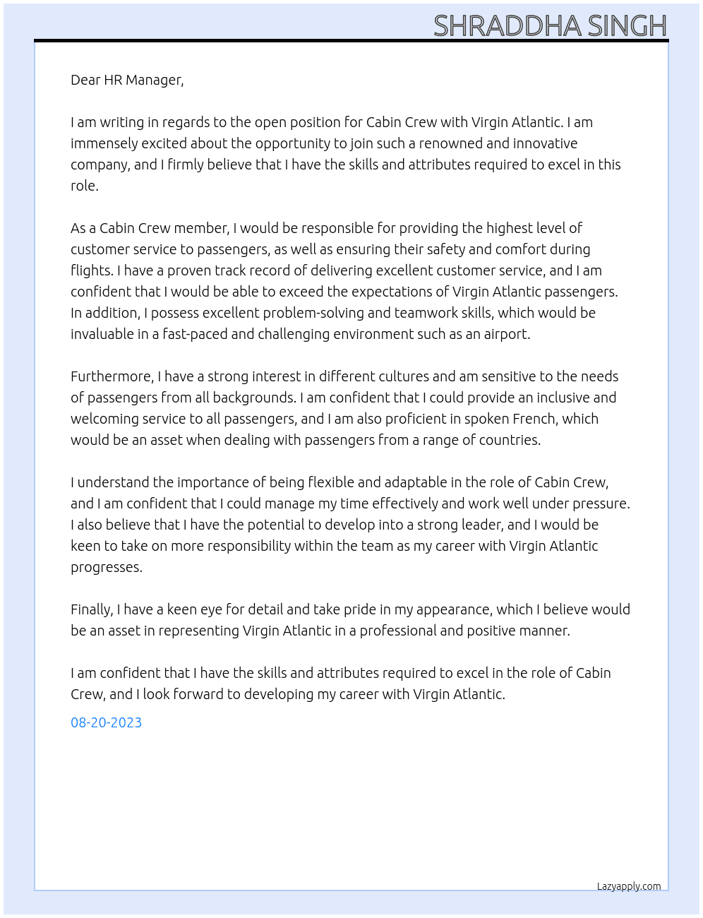 Cabin Crew At Virgin Atlantic  Cover Letter