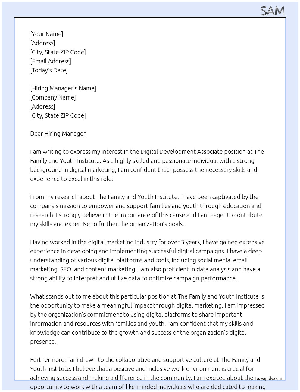 Digital Development Associate At The Family and Youth Institute Cover Letter