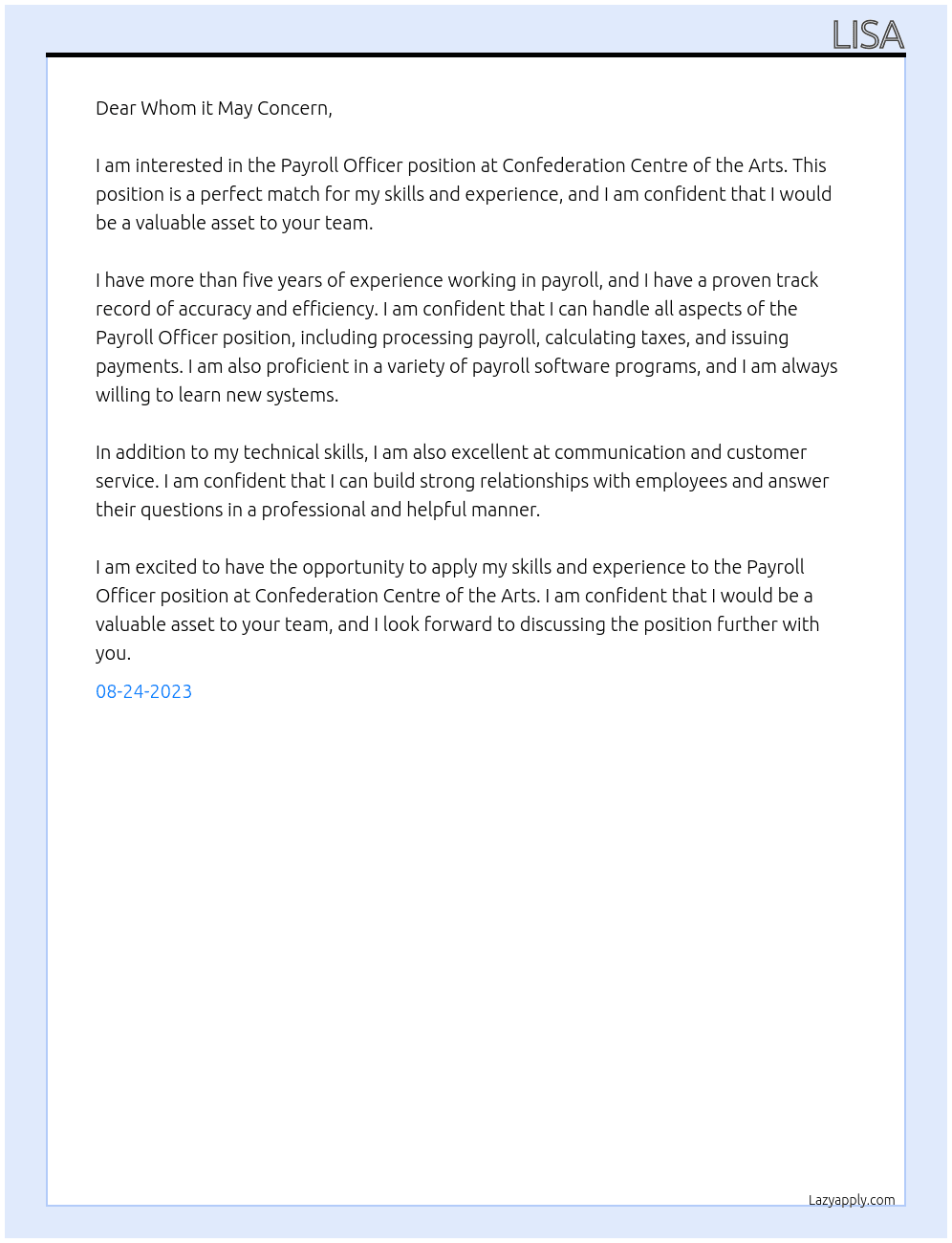 Payroll officer At Confederation Centre of the Arts Cover Letter