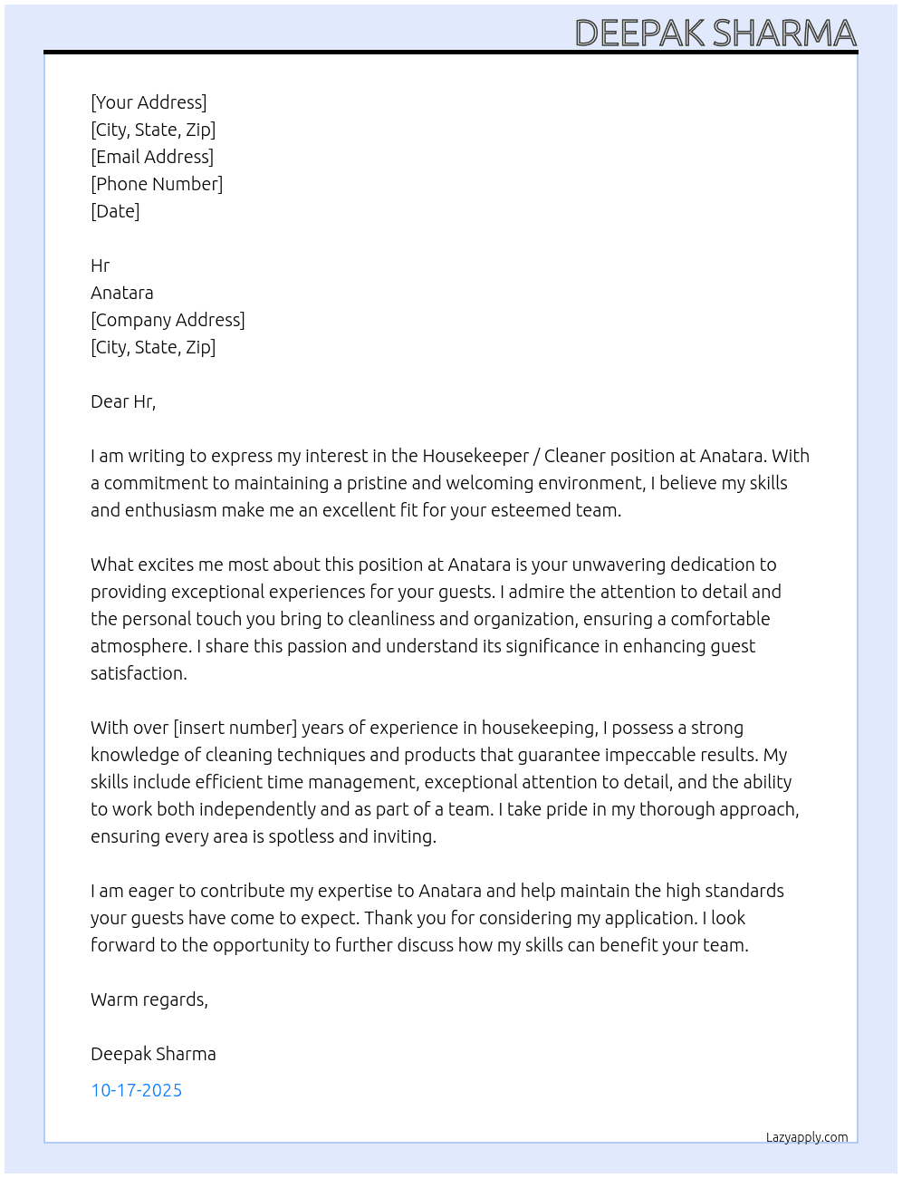 Housekeeper / Cleaner At Anatara Cover Letter