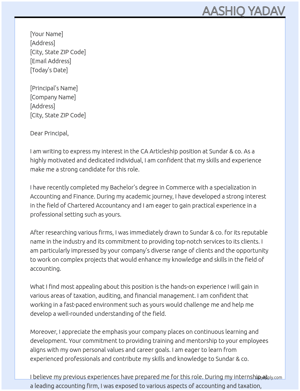 CA Articleship At Sundar & co. Cover Letter