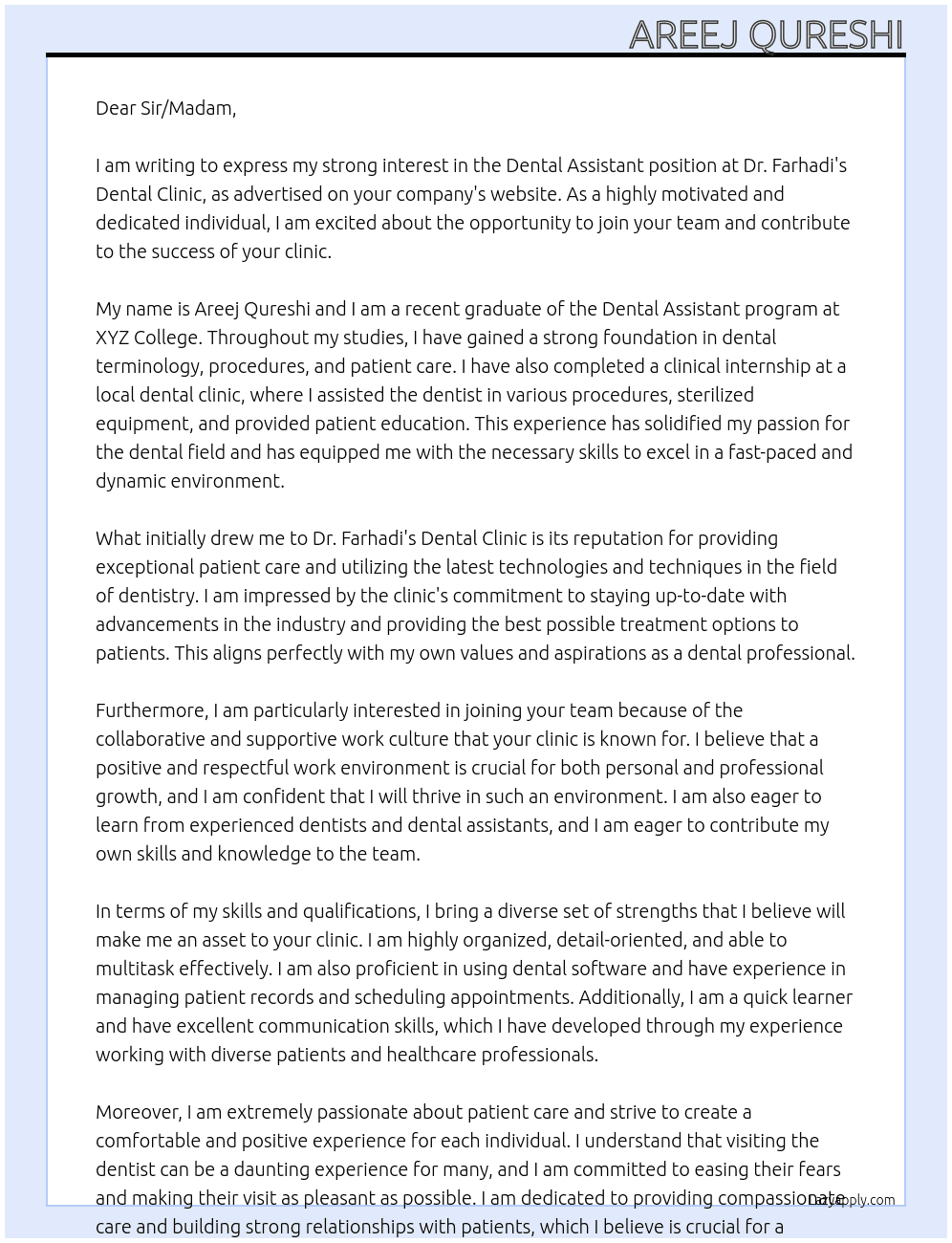 Dental Assistant At Dr. Farhadi's Dental Clinic Cover Letter