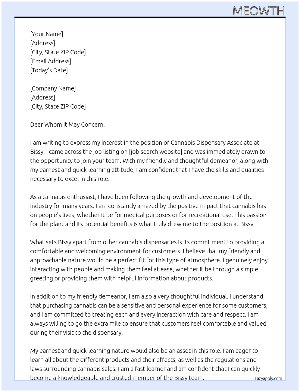 Cannabis Dispensary Associate At Bissy Cover Letter
