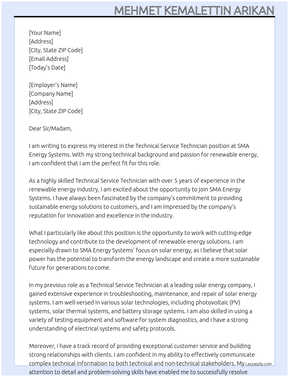 Technical Service Technician At SMA Energy Systems  Cover Letter