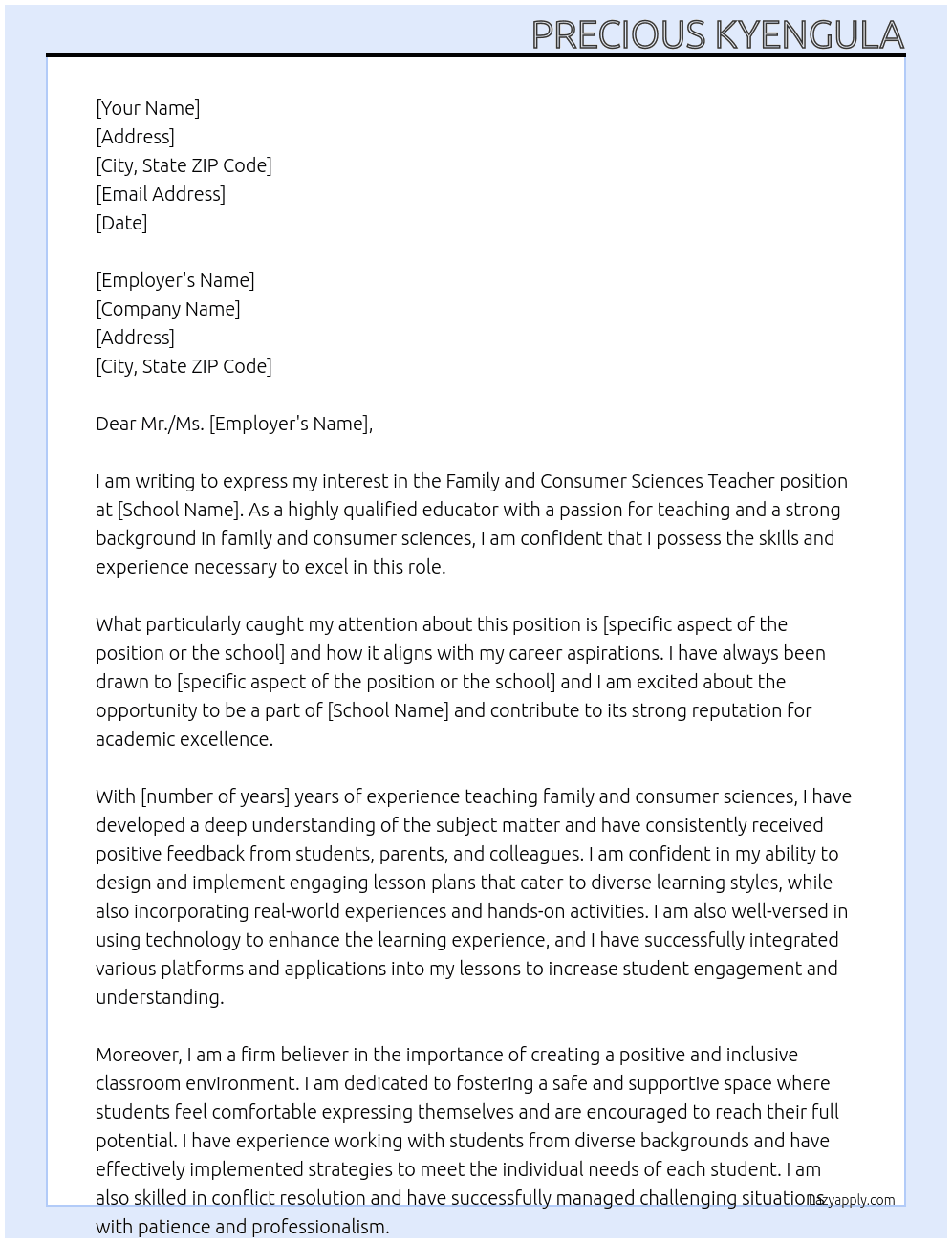 Family and consumer sciences teacher  At School Cover Letter
