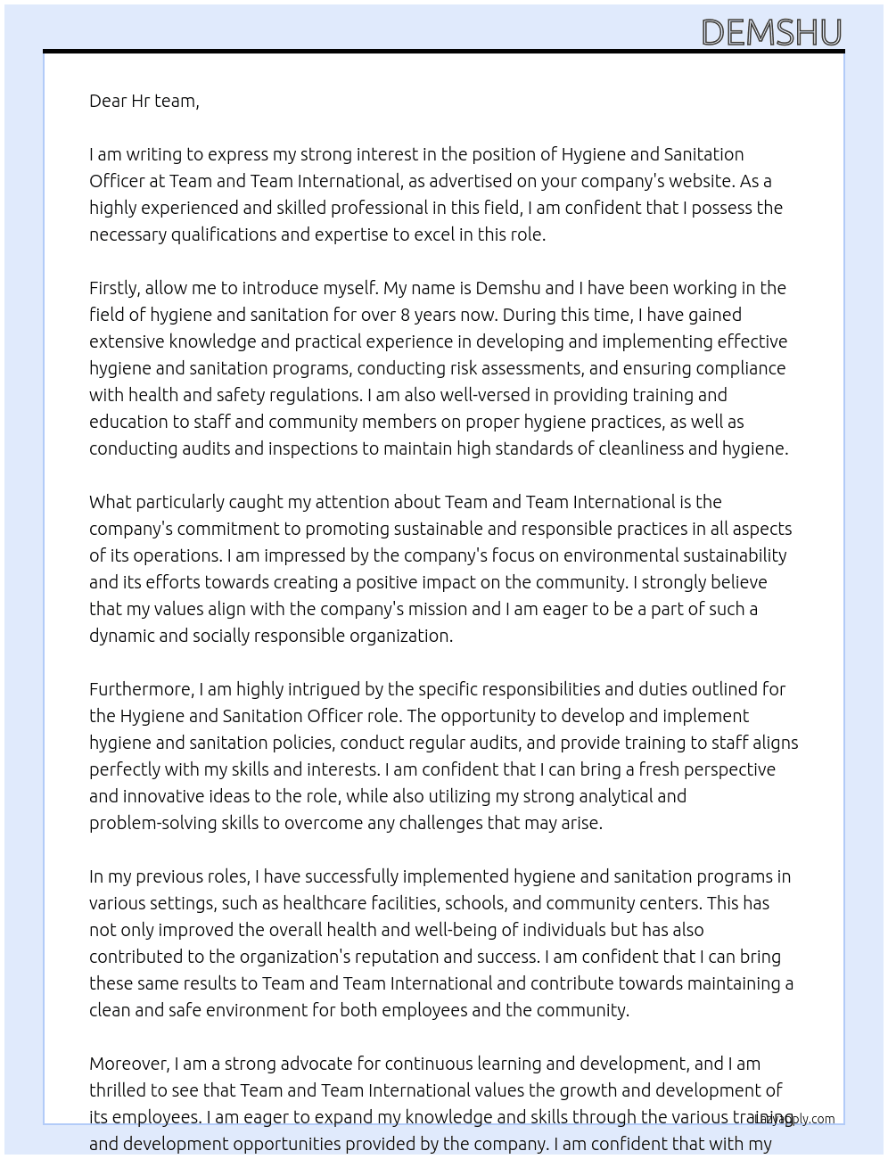 Hygiene and sanitation officer At Team and team international  Cover Letter
