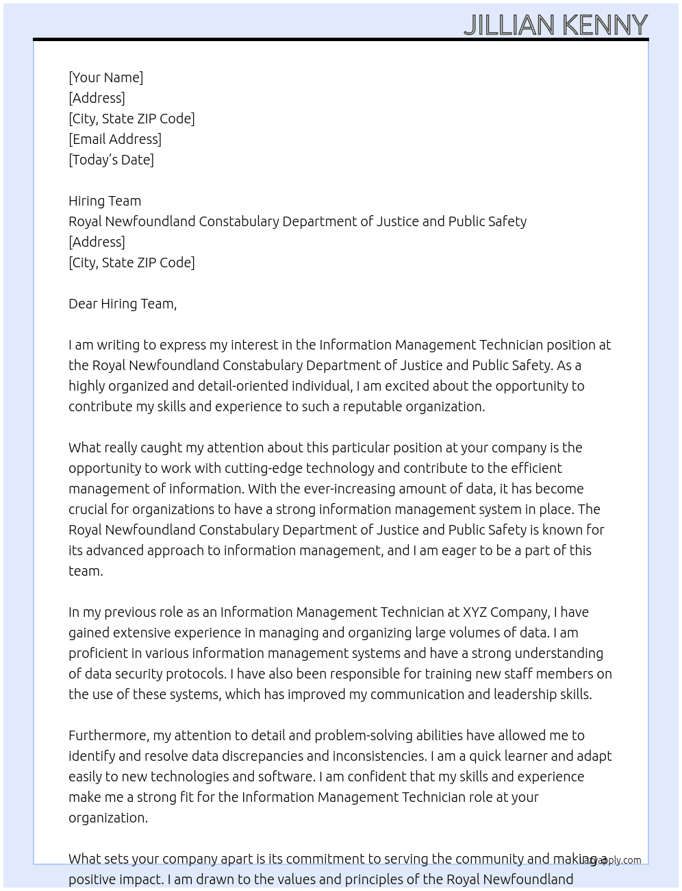 Information Management Technician At Royal Newfoundland Constabulary Department of Justice and Public Safety Cover Letter