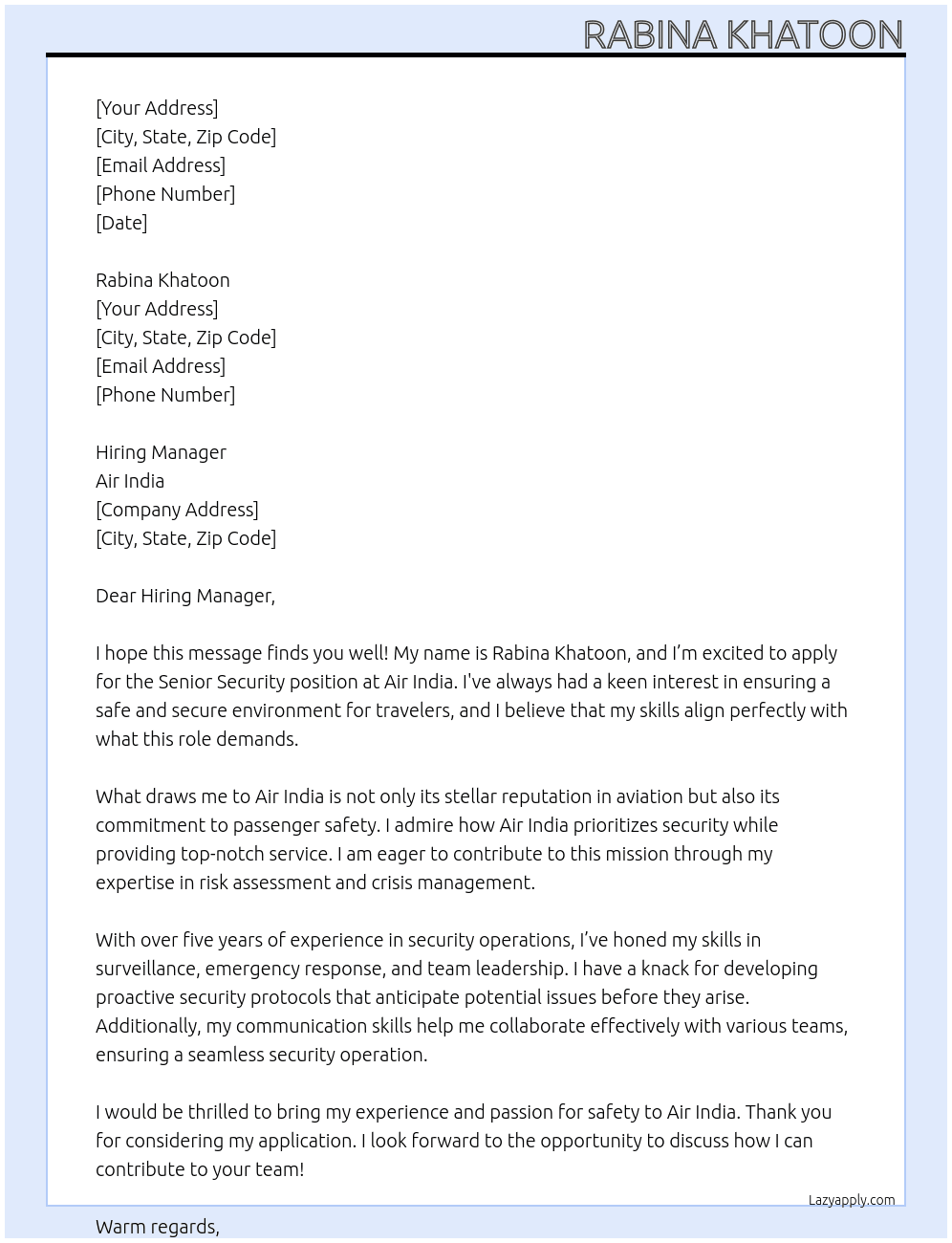 Air India security  At Air India  Cover Letter