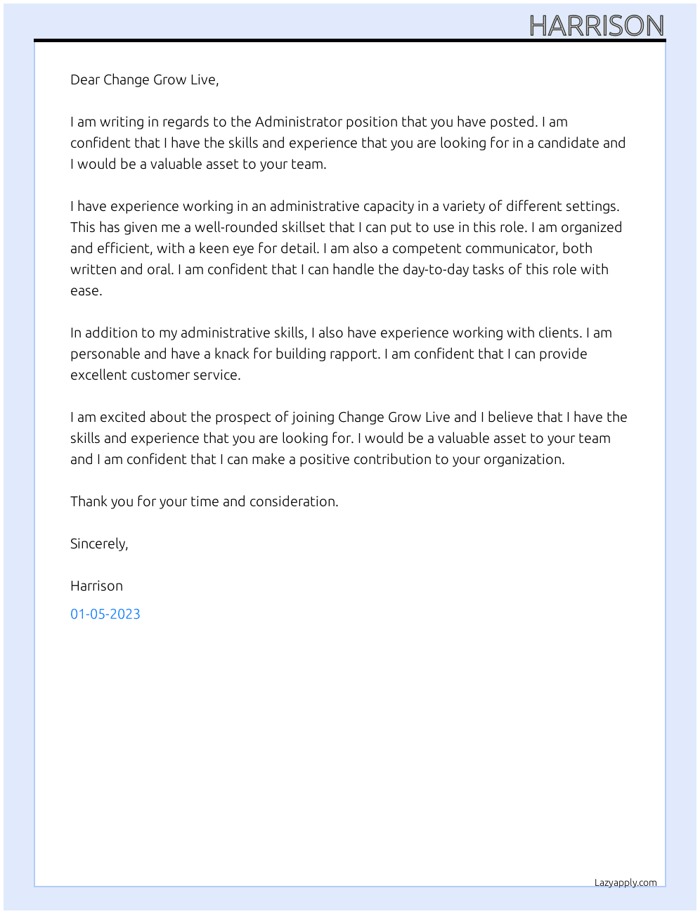 Administrator At Change Grow Live Cover Letter