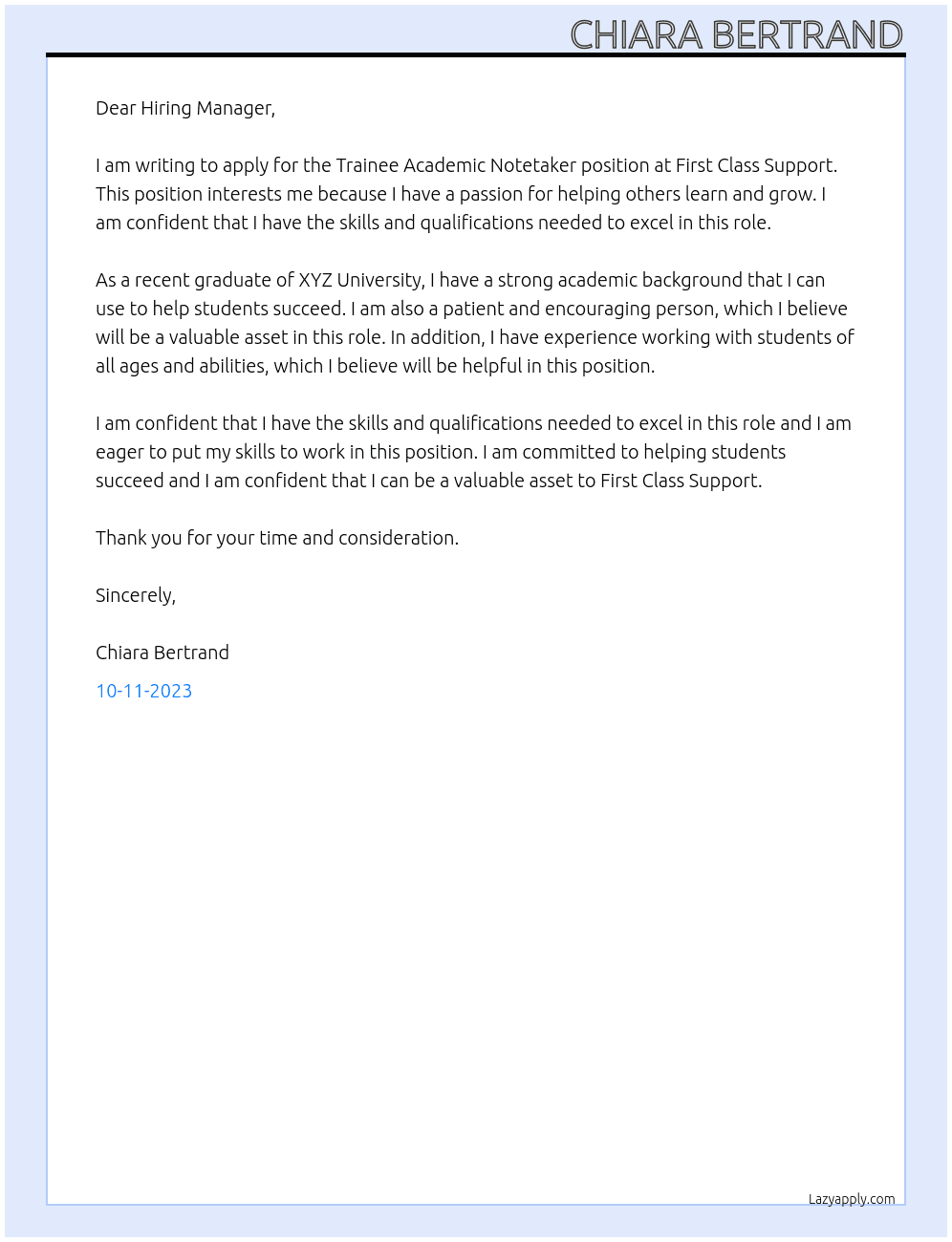 Trainee Academic Notetaker At First Class Support Cover Letter