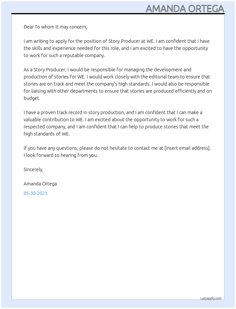 Story Producer  At WE Cover Letter