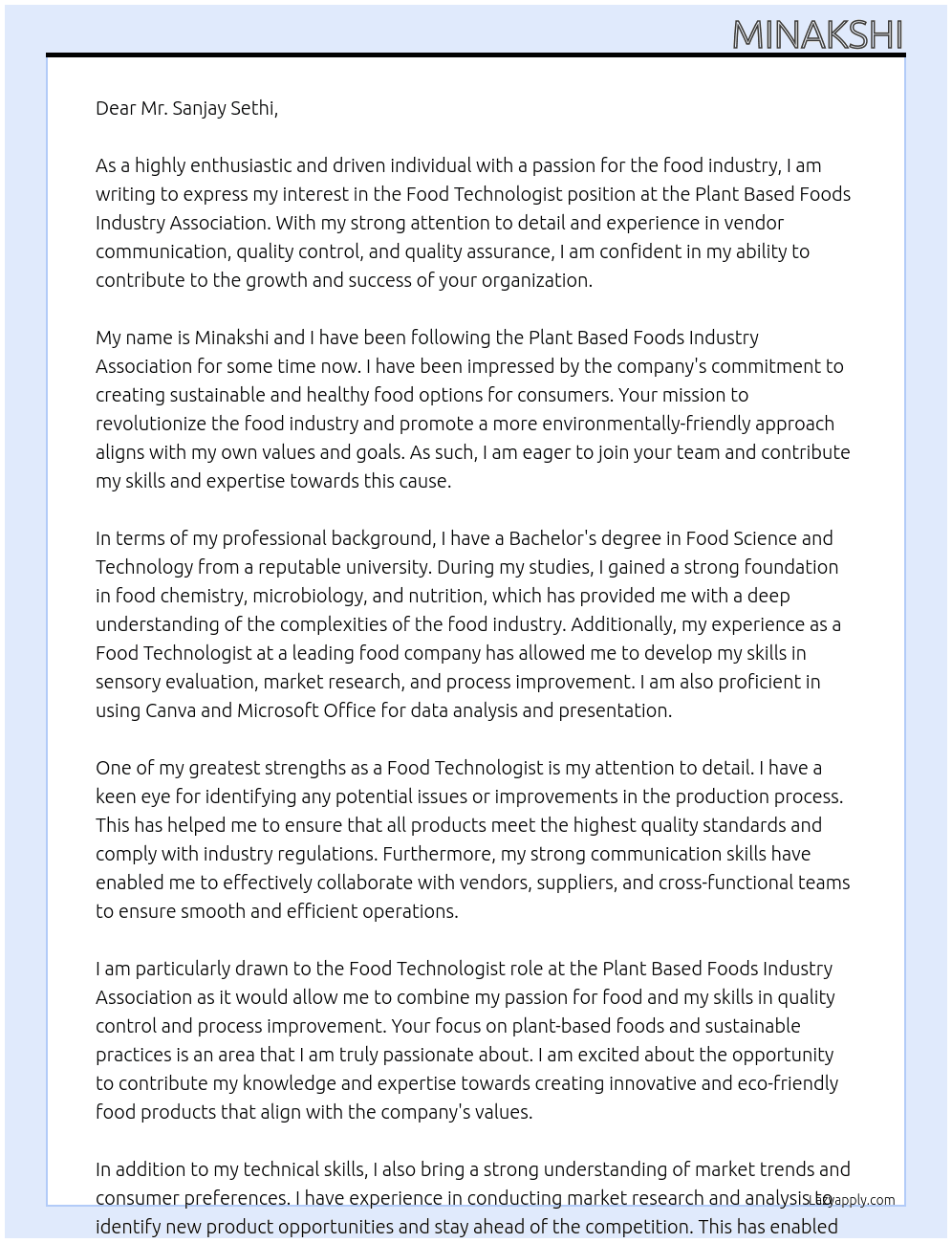 Food Technologist At  Plant Based Foods Industry Association Cover Letter