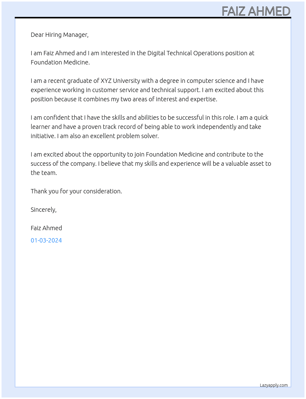 Digital Technical Operations At Foundation Medicine Cover Letter