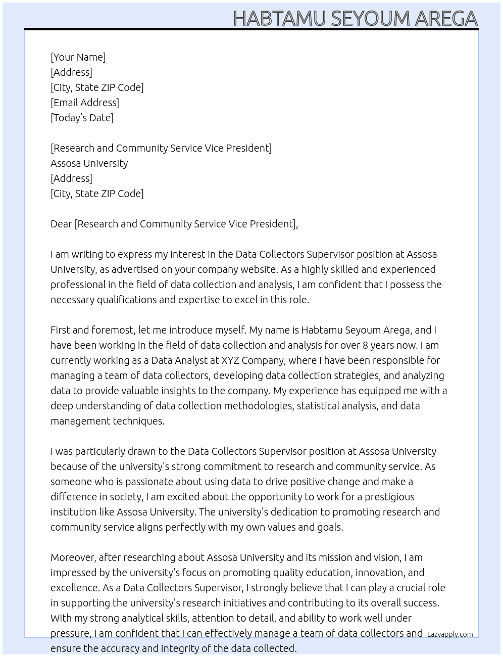 Data Collectors Supervisor At Assosa University Cover Letter