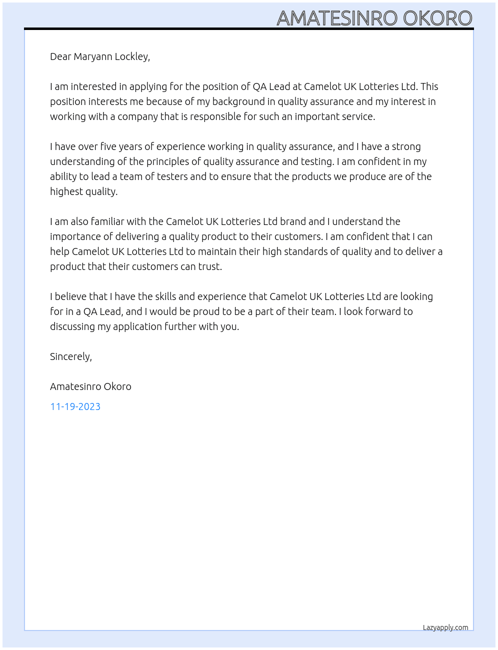 QA Lead At Camelot UK Lotteries Ltd Cover Letter