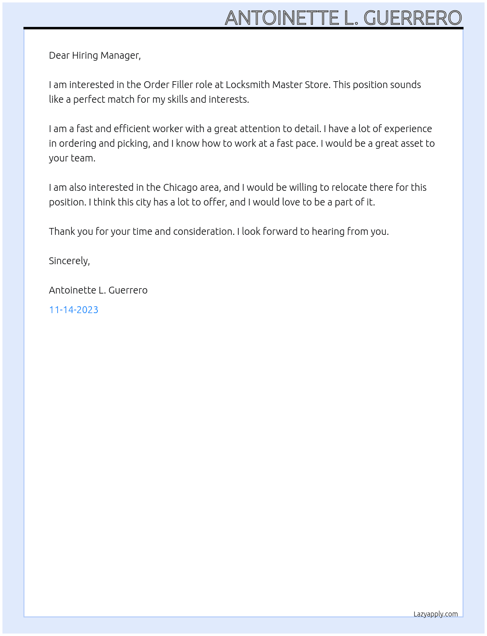Order Filler At Locksmith Master Store Cover Letter