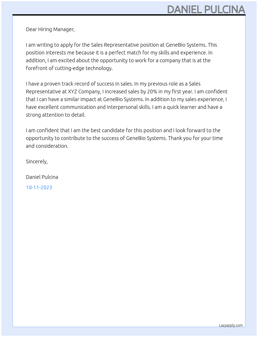 Sales Representative At GeneBio Systems Cover Letter