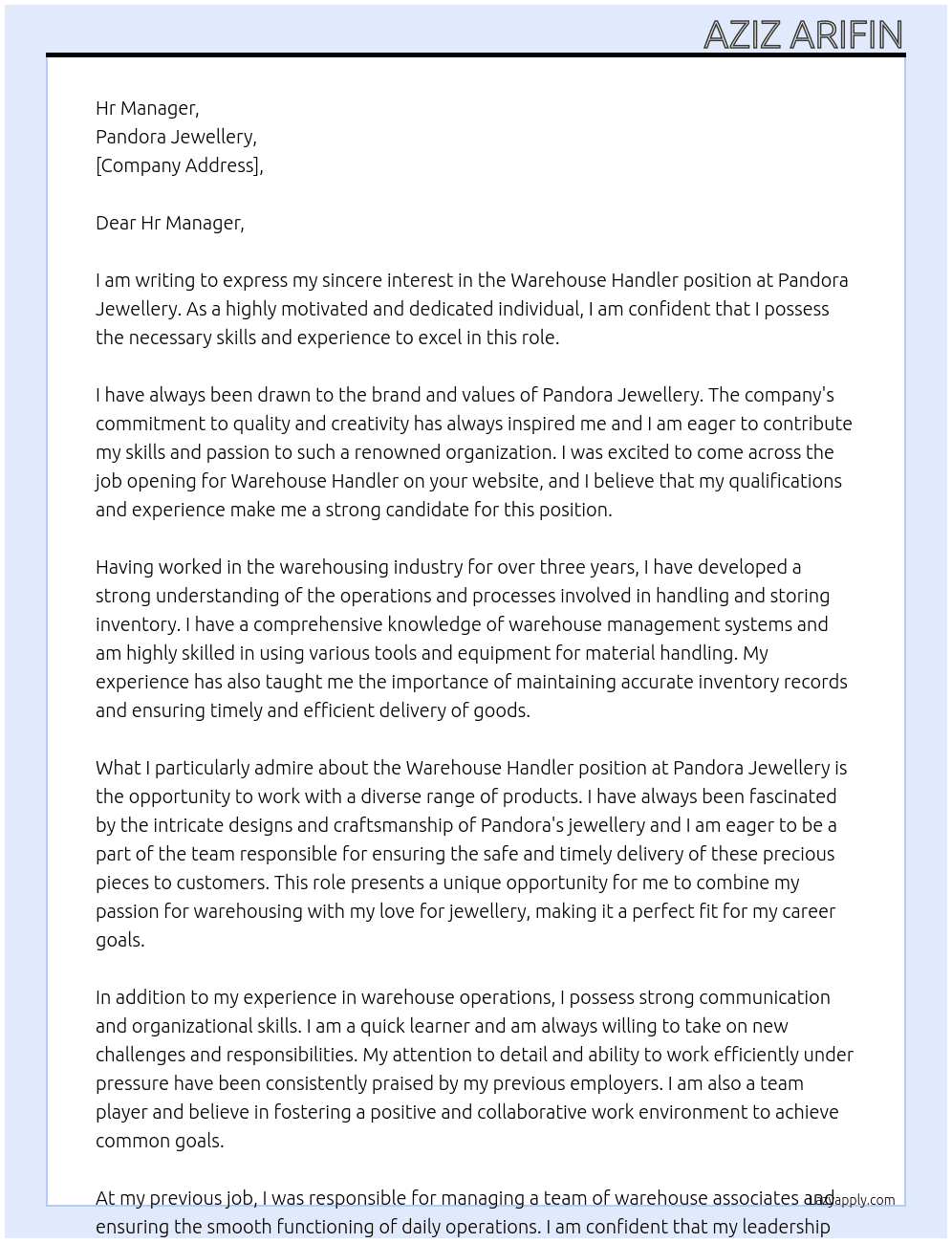 Warehouse Handler At Pandora Jewellery Cover Letter