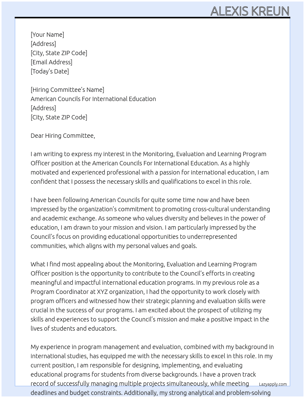 Monitoring, Evaluation and Learning Program Officer At  American Councils For International Education Cover Letter