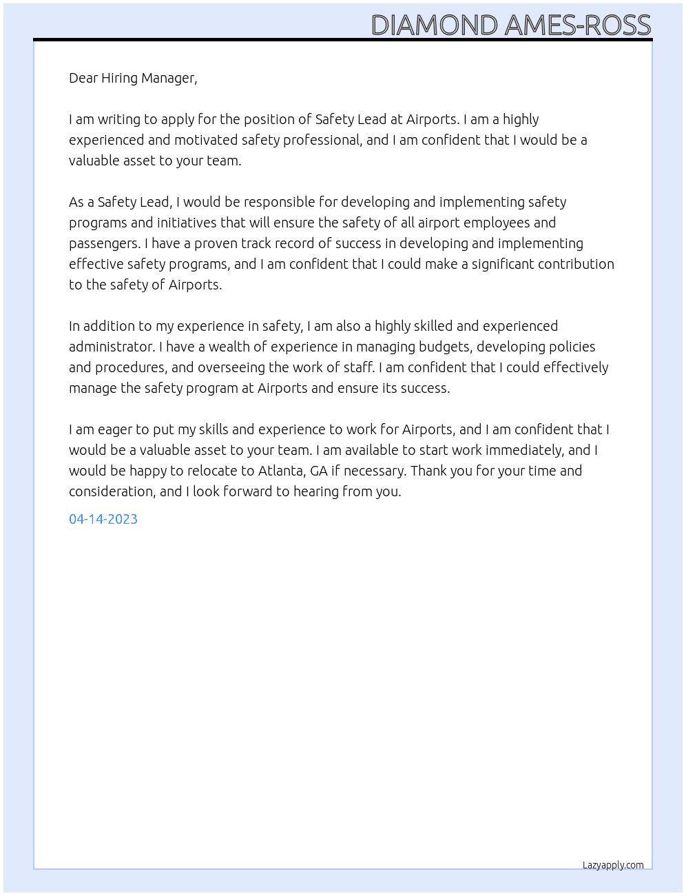 Safety Lead At Airports Cover Letter