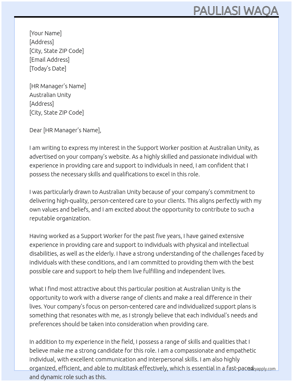support Worker At Australian Unity Cover Letter