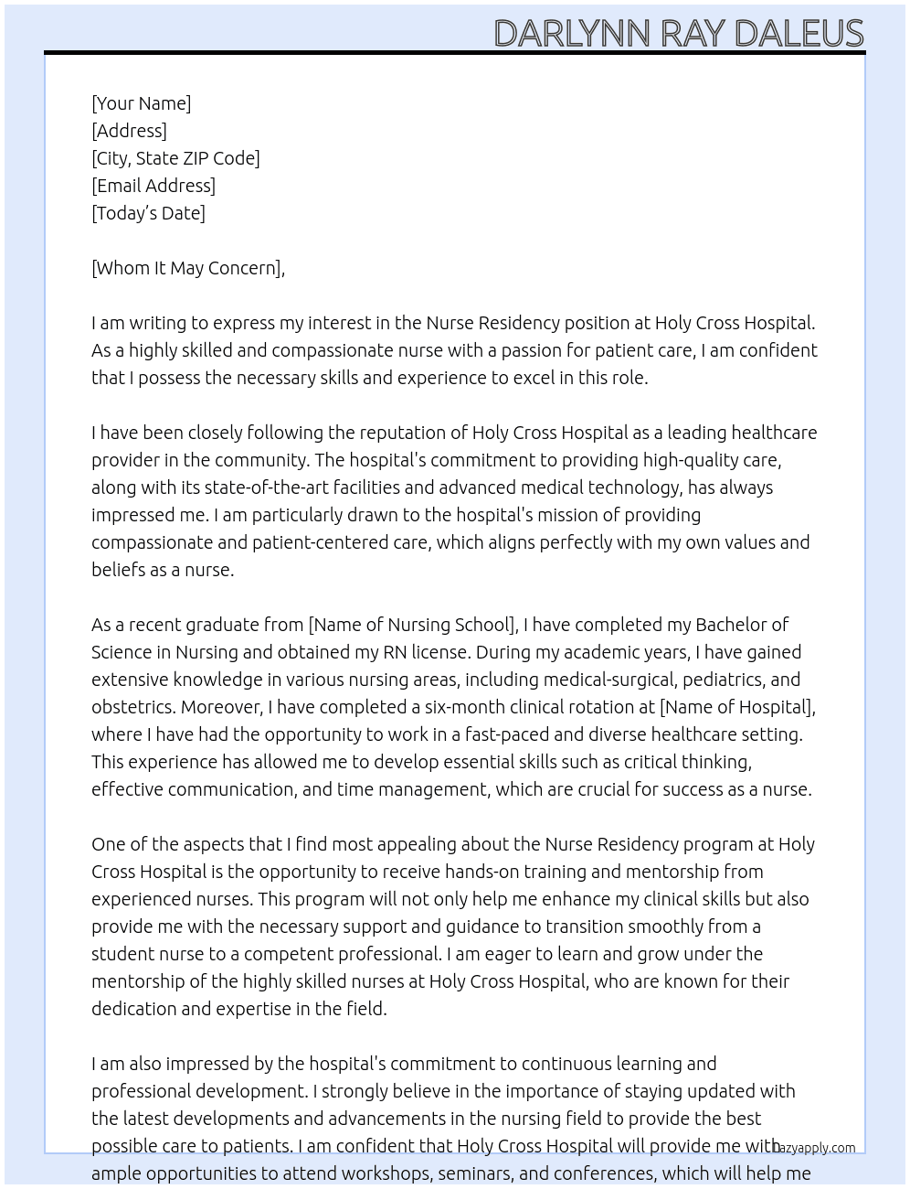 Nurse Residency At Holy Cross Hospital Cover Letter