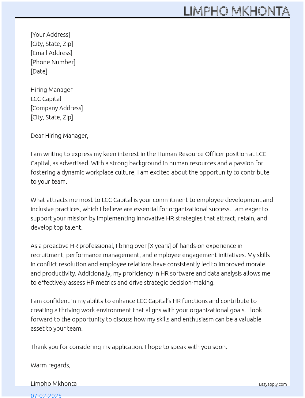 human resource officer At lcc capital Cover Letter
