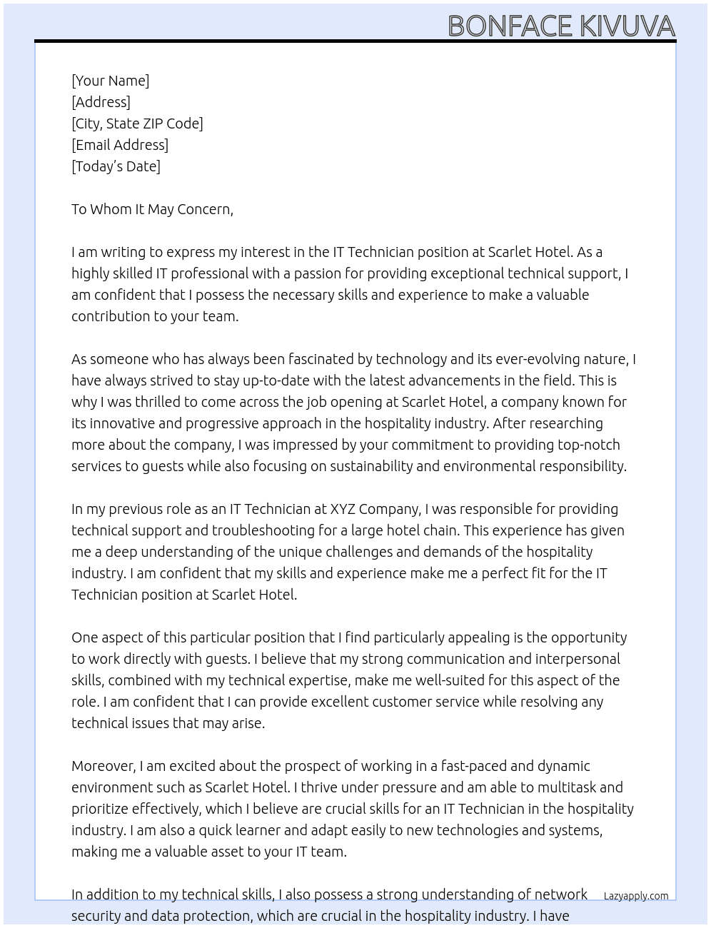 IT Technician At Scarlet Hotel Cover Letter