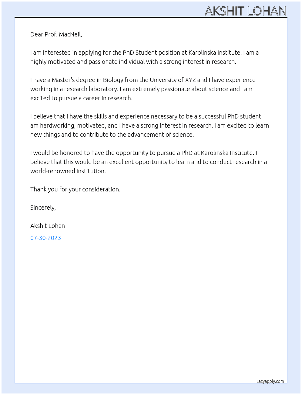PhD Student At Karolinska Institute Cover Letter