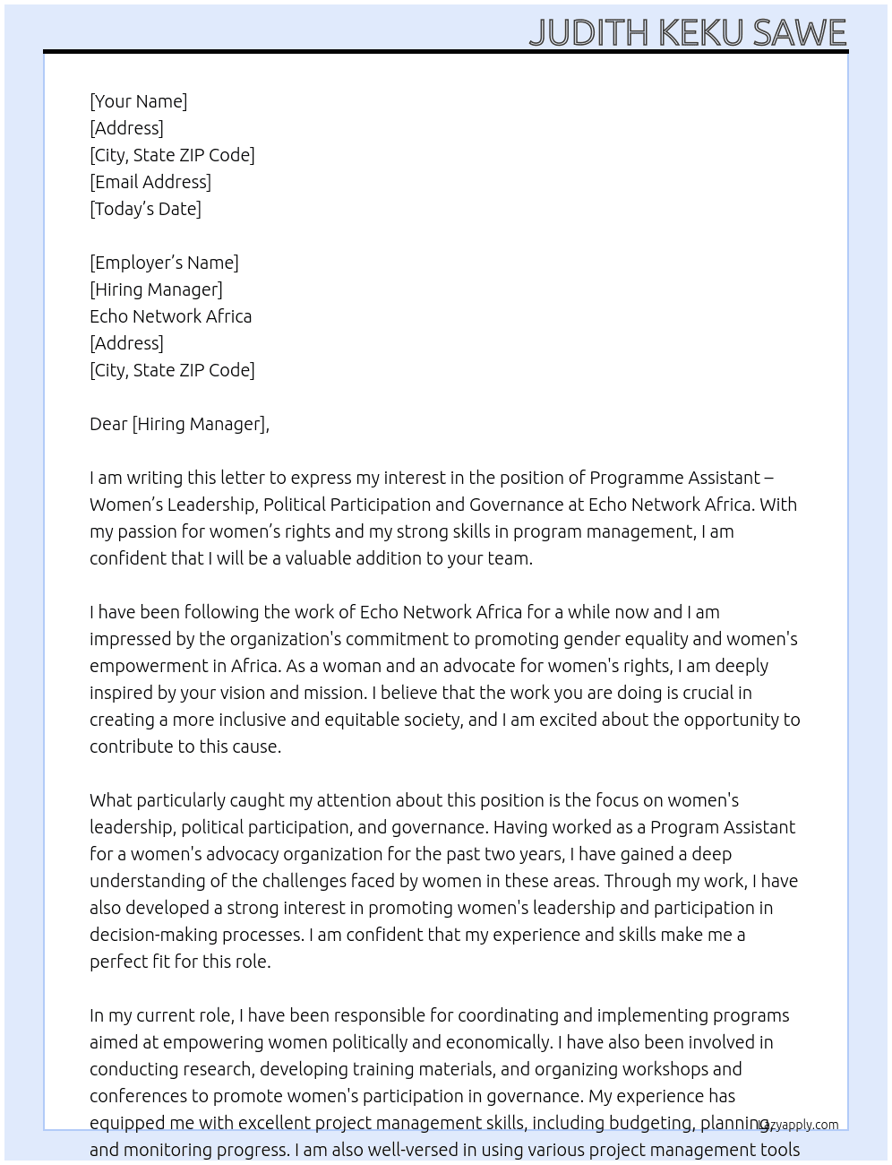 PROGRAMME ASSISTANT – WOMEN’S LEADERSHIP, POLITICAL PARTICIPATION AND GOVERNANCE At Echo Network Africa Cover Letter
