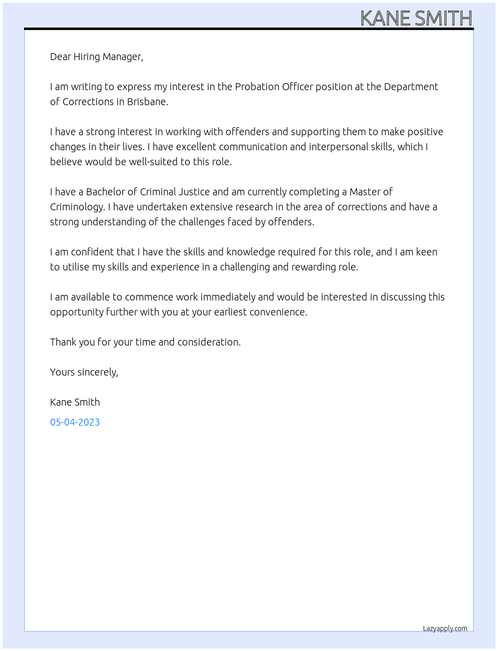 Probation Officer At Department of Corrections Cover Letter