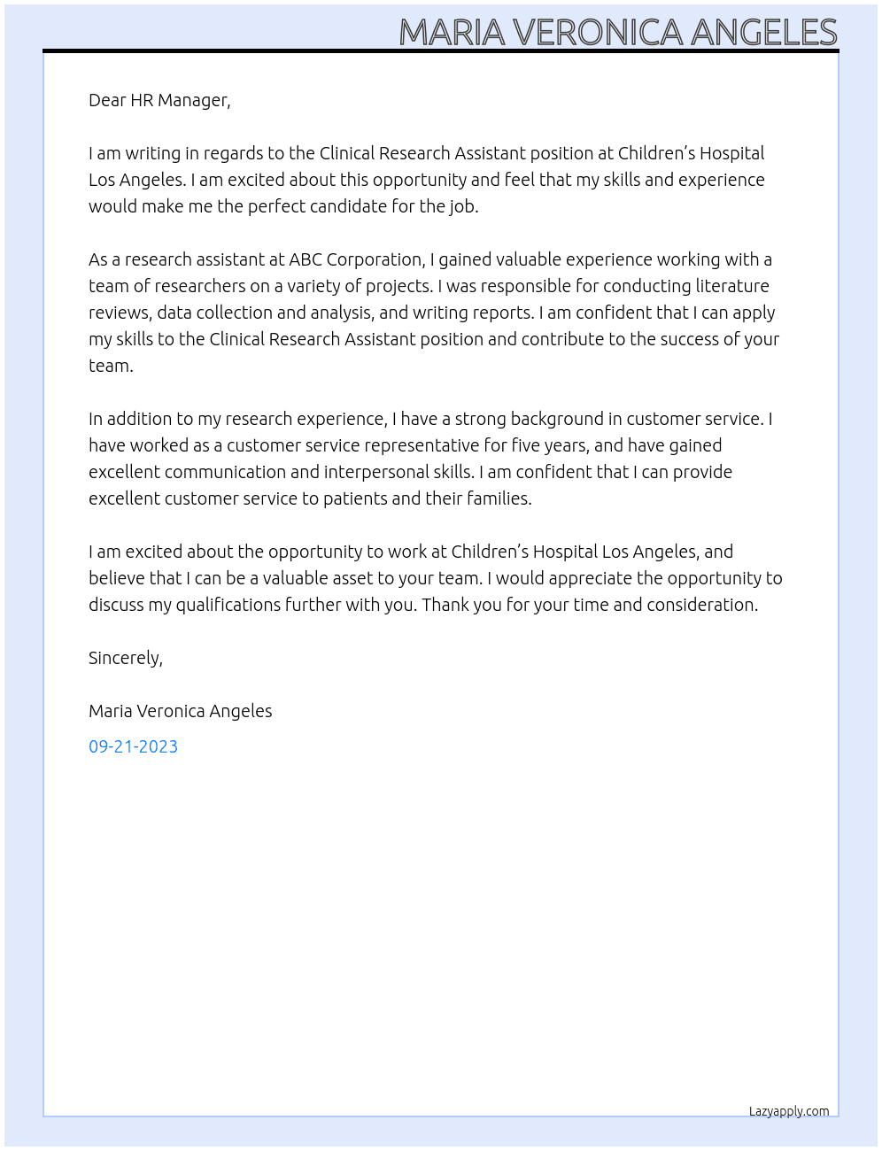 Clinical research assistant At Children’s Hospital Los Angeles Cover Letter